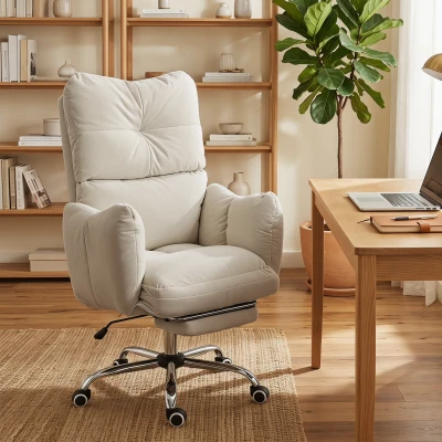 HOMCOM Scaun birou cu suport pentru picioare, Scaun ergonomic pentru gaming și computer, Flanel alb, Tapițerie groasă