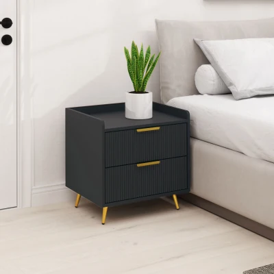 HOMCOM Noptieră, masă de noapte cu 2 sertare canelate, picioare metalice aurii, 50 x 40 x 50 cm, negru
