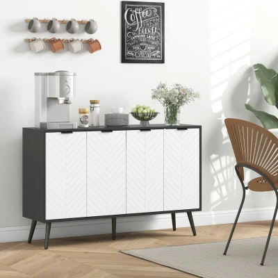 HOMCOM Aparador de 4 Puertas Aparador de Salón Estantes Ajustables Patas de Madera para Cocina Blanco y Negro 120x35x77,4 cm