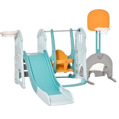 HOMCOM 5 en 1 Tobogán y Columpio para Niños +18 Meses con 2 Canastas de Baloncesto Portería Fútbol con Asiento Ajustable Parque Infantil Interior y Exterior 210x186x133 cm Multicolor