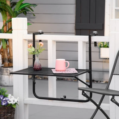 Outsunny Mesa Colgante para Balcón Plegable de Metal con Altura Ajustable en 4 Niveles Carga 10 kg 60x60x57-72 cm Negro