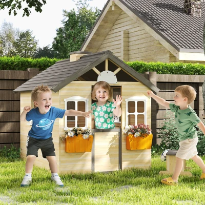 Outsunny speelhuis voor kinderen, houten kinderspeelhuis met raam, brievenbus, buitentuin speelhuis met bloempottenrek, houten speelhuis voor 3-7 jaar, dennenhout, naturel, 113 x 94 x 134,5 cm