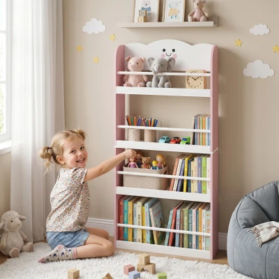 AIYAPLAY Children's bookshelf with 4 tiers, wall-mounted bookshelf for kids' room, playroom, living room, Pink