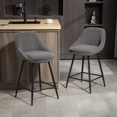 HOMCOM 2er-Set Barstühle mit Cordbezug und Stahlbeinen, Polsterstühle für Kücheninsel, Esszimmer, Grau