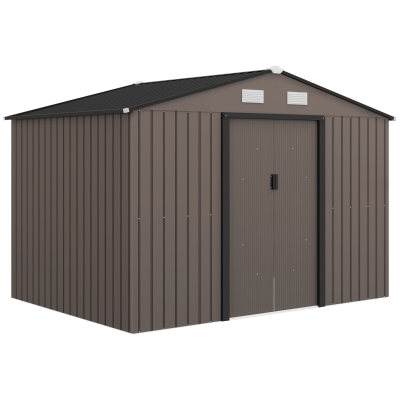 Outsunny Casetta da Giardino con 4 Prese d'Aria e 2 Porte Scorrevoli in Acciaio, 277x195x192 cm, Marrone
