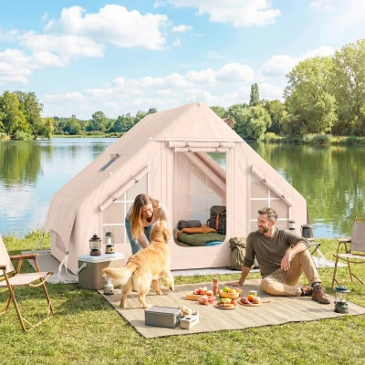 Outsunny Aufblasbares Zelt 5-8 Personen Schneller Aufbau 5000 mm Wasserdicht & Winddicht mit Luftpumpe Kaminöffnung Dachfenster