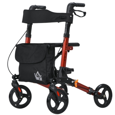 HOMCOM Andador para Ancianos Plegable de Aluminio con Asiento 4 Ruedas Altura Ajustable Frenos de Maneta Rojo y Negro
