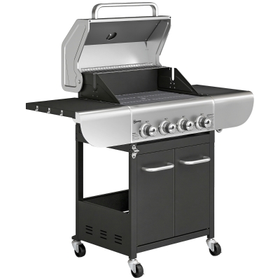 Outsunny Barbacoa de Gas con 4 Quemadores 12,8 kW Termómetro Parrillas de Hierro Fundido Mesas Laterales Armario y Ruedas Negro