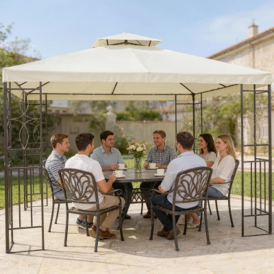 Outsunny Pérgola de Jardim 4x3 m com Telhado Duplo Estrutura de Aço Anti-UV para Exterior Terraço Pátio Branco Creme