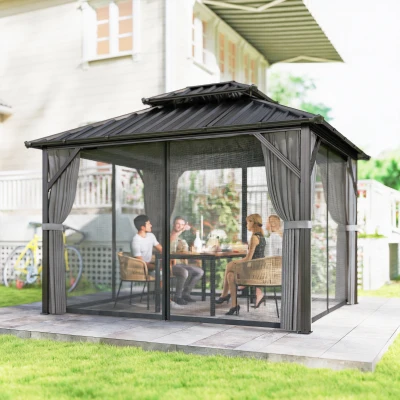 Outsunny Gazebo 3x3,6m Toit Acier Aluminium Gris Foncé