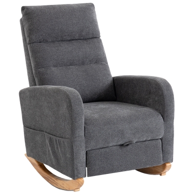 HOMCOM Upholstered Rocking Chair High Back Retractable Footrest Grey