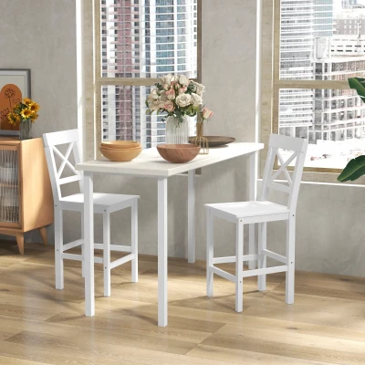 HOMCOM Juego de 2 Taburetes Altos de Cocina Taburetes de Bar de Madera con Reposapiés y Respaldo Cruzado Carga 120 kg Blanco