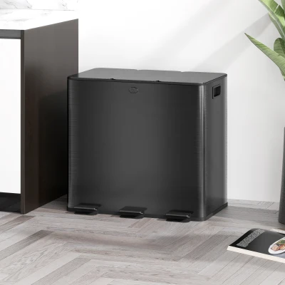 HOMCOM Papelera Cocina de Acero Inoxidable con 3 Compartimentos 3x15L con Pedales Tapas de Cierre Suave y Cubo Extraíble Negro