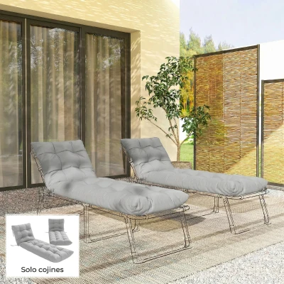 Outsunny Juego de 2 Cojines para Tumbonas 180x55 cm Cojines para Sillas de Jardín Gruesas UPF30+ con 4 Cintas Gris Claro