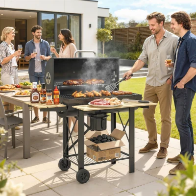 Outsunny Barbacoa de Carbón Portátil Móvil con Estantes Plegables Termómetro Tapa Ventilaciones Ajustables 109x71x98 cm Negro