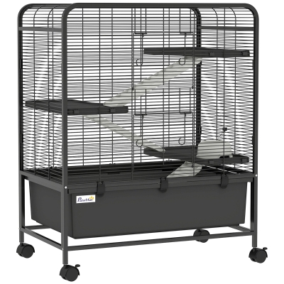 PawHut Cage Lapin 4 Niveaux Acier Noir Roulettes Bac Amovible