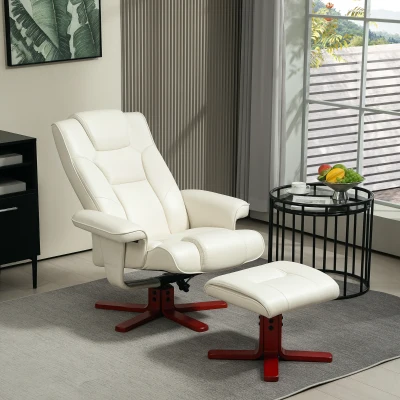 HOMCOM Sillón Reclinable con Reposapiés y Estructura de Madera Carga 150 kg Butaca para Dormitorio Crema