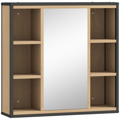 HOMCOM Badezimmer-Spiegelschrank, 6 offene Fächer, 3-stufiges Regal, Wandmontage, Eiche