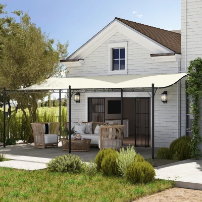 Outsunny Pérgola de Pared 3x6 m con Techo Inclinado Orificios de Drenaje y Estructura Metálica Blanco Crema