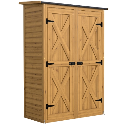 Outsunny Caseta de Jardín de Madera 115x53x156 cm Armario para Herramientas con Puertas Dobles y Estantes Techo Inclinado Marrón
