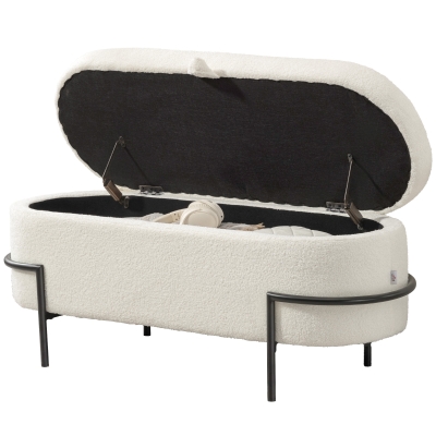 HOMCOM Tabouret Rangement Rembourré Blanc Crème Pieds Acier