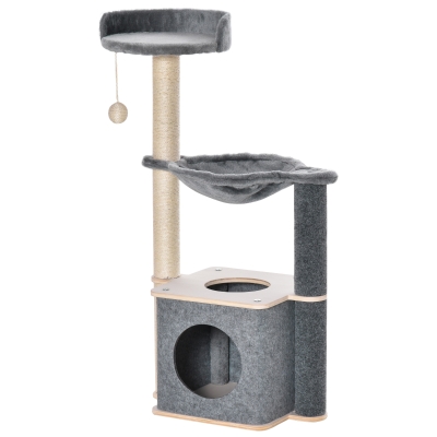 PawHut Albero Tiragraffi per Gatti Alto 95cm, Palestra per Gatti di Multilivelli con Casetta, Amaca, Pallina da Gioco, Cuccia e Corde in Sisal, 48x34x95cm, Grigio