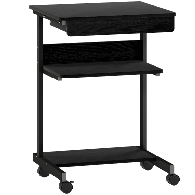 HOMCOM Roll-Schreibtisch mit Schublade und Regalen, 4 Räder, kompakt, Spanplatte, Metall