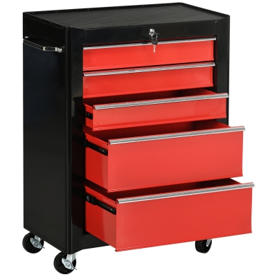 HOMCOM Chariot à Outils Acier 5 Tiroirs Verrouillable Rouge