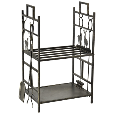 Outsunny 2 Tier Metal Firewood Log Holder Rack Wood Storage Shelf with 4 Tools, Hooks, Elk Shape Design, Gold Tone