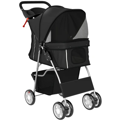 PawHut Cărucior Pliabil pentru Câini, cu Coș și Suport pentru Pahare, Greutate Max. 10 kg, 77x44x102 cm, Negru
