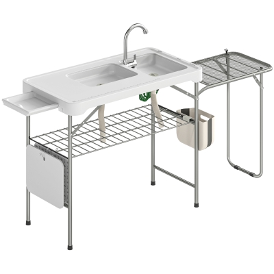 Outsunny Mesa de Limpieza de Pescado Plegable Portátil con 2 Fregaderos Grifo Manguera Estante Lateral Cesta y Ranuras Blanco