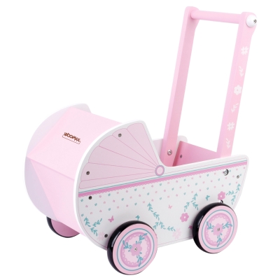 Carrito de Muñecas de Madera WOOMAX, Apto para Muñecas 30-40 Cm, 26x7x42 Cm, Blanco y Rosa