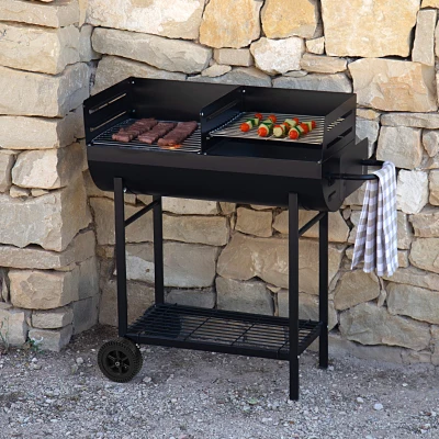 Barbacoa de Carbón Portátil Doble Parrilla Regulable, 97x42x96 Cm, Negro