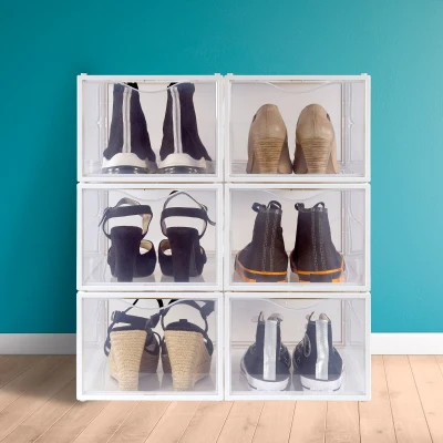 Pack 6 Cajas para Zapatos Apilables Antivuelco con Apertura Frontal, 25x35x18,5 Cm, Transparente