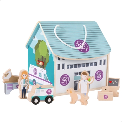 Hospital Veterinario de Madera Maletín Portátil 9 Piezas, 19x19x18 Cm, Natural
