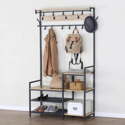 Perchero Zapatero Industrial con 4 Estantes y 15 Ganchos, 102x40x180 Cm, Negro