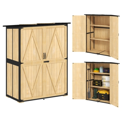 Outsunny Houten en Stalen Tuinkast, Buiten Gereedschapskast met Asfaltdak, 2 Planken, Afsluitbare Deuren, Natuurhout