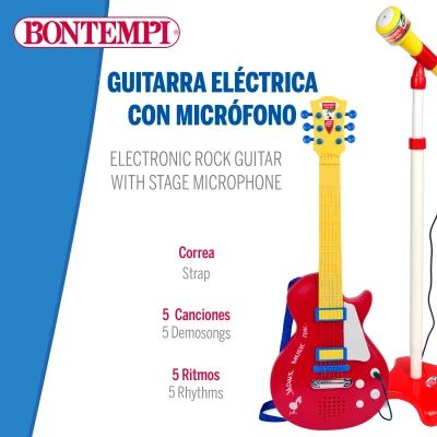 Guitarra Eléctrica Infantil Bontempi con Micrófono y Altavoz, 30x5,5x63 Cm, Rojo y Amarillo