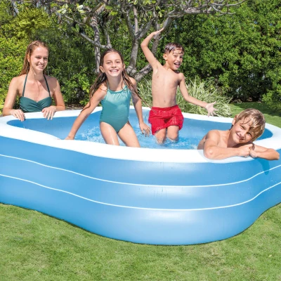 Piscina Hinchable Intex Cuadrada 3 Aros Ondulados 229x229x56 Cm, Azul y Blanco