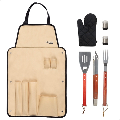 Set Utensilios Barbacoa Aktive con Delantal Plegable y 6 Accesorios, 42x67x41 Cm, Marrón