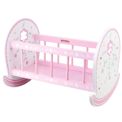 Cuna Balancín para Muñecas Madera Natural, 47x35x36 Cm, Blanco y Rosa
