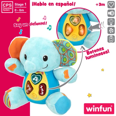 Peluche Elefante Educativo Que Habla con Luces y Sonidos, 16,5x9x16,5 Cm, Azul
