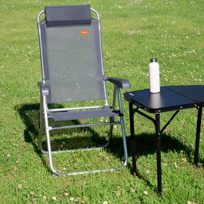 Silla Camping Plegable Multiposición con Cojín, 44x55x101 Cm, Gris Oscuro