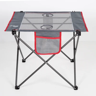 Mesa Plegable de Camping con 2 Posavasos y Bolsillo Lateral, 62x50x50 Cm, Gris y Rojo