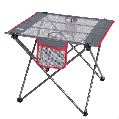 Mesa Plegable de Camping con 2 Posavasos y Bolsillo Lateral, 62x50x50 Cm, Gris y Rojo