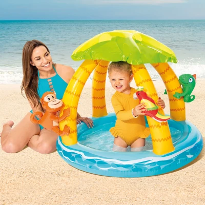 Piscina Hinchable Infantil Isla Tropical con Toldo, Suelo Acolchado y 3 Animales, 102x102x86 Cm, Multicolor