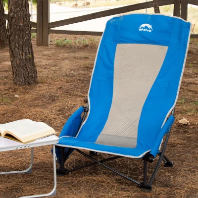 Aktive Silla Plegable Respaldo Alto Transpirable con Bolsillo y Posavasos, 19x19x85 Cm, Azul