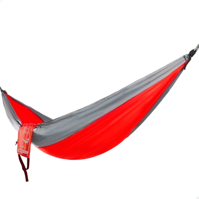 Hamaca Colgante Camping Ultraligera con Cuerdas y Mosquetones, 300x140 Cm, Rojo y Gris