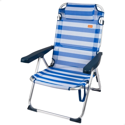 Silla de Playa 2 en 1 Plegable Reclinable con Cojín, 48x60x90 Cm, Azul y Blanco