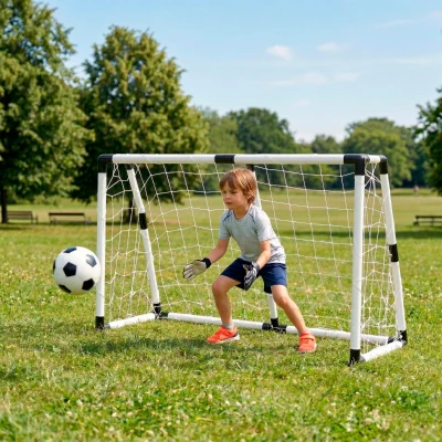 Set Portería Fútbol Plegable con Balón e Hinchador, 132x101x59 Cm, Blanco y Negro